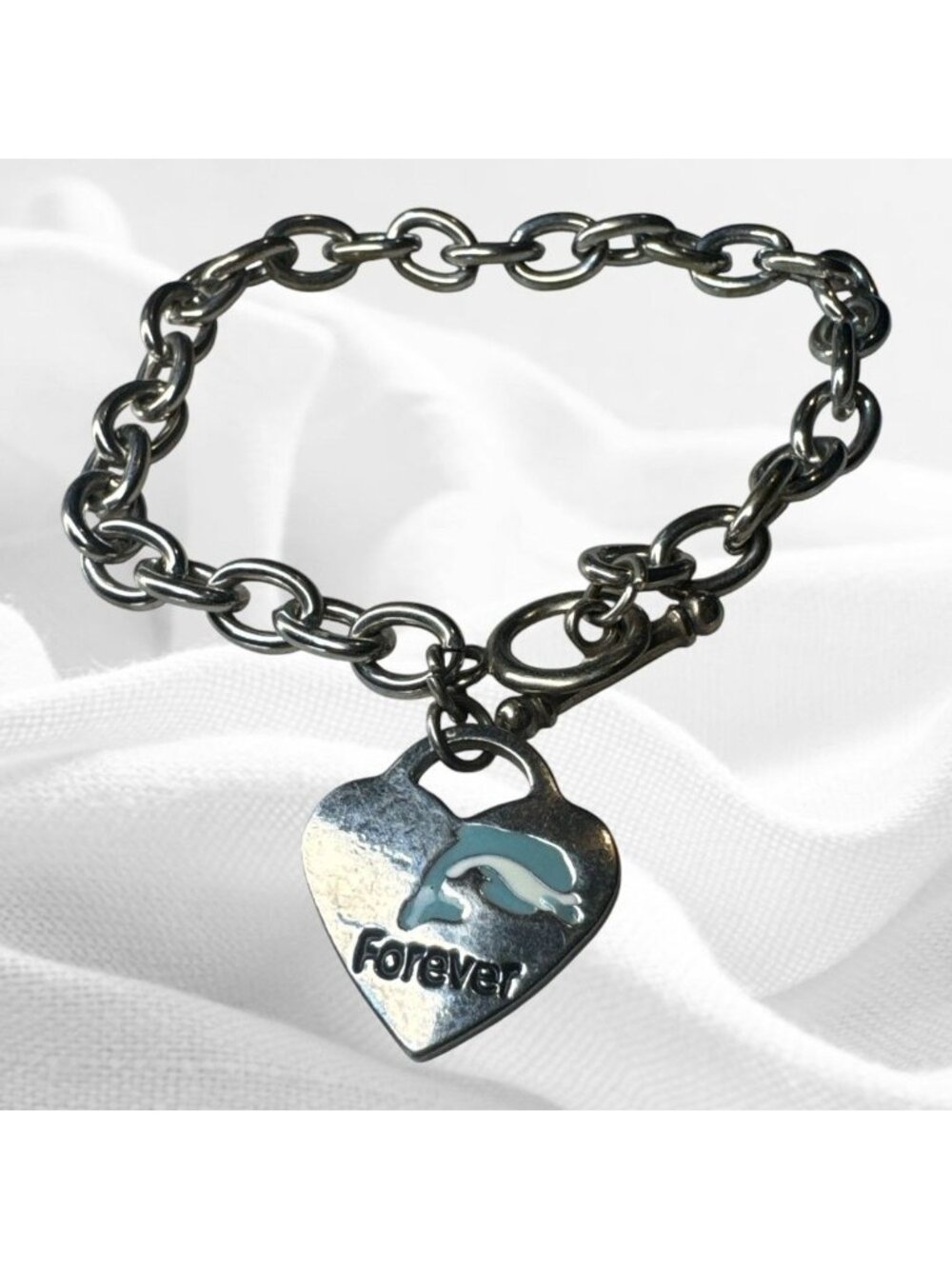 Heart Charm Bracelet With Dolphin & "Forever" Text - Silver Tone Chain Toggle Cl